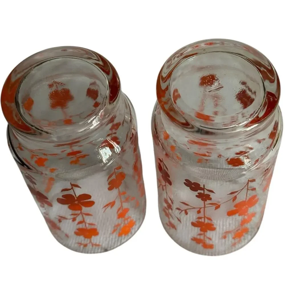 VTG‎ Libby (?) Orange Flower Floral Drinking Glasses (2) Tumbler MCM Cottagecore